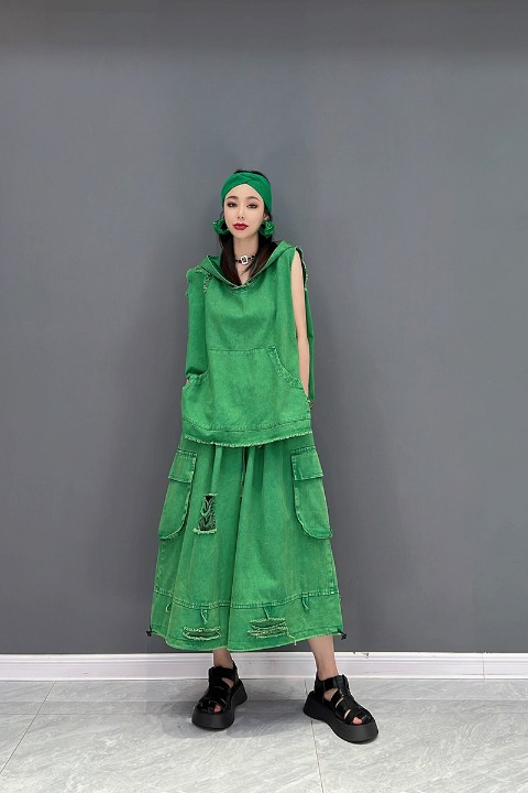 ベストパーカー サルエルパンツ セットアップ ダメージ加工