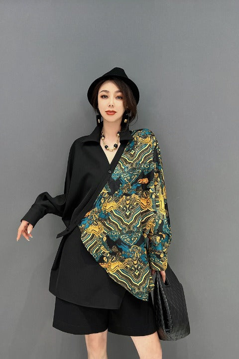 スキッパーシャツ アシンメトリー スカーフ柄