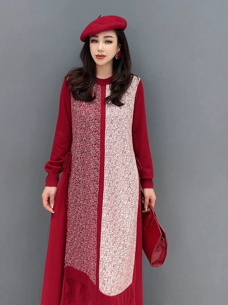 カジュアル ニット&シースルー 異素材コンビネーション ロングワンピース