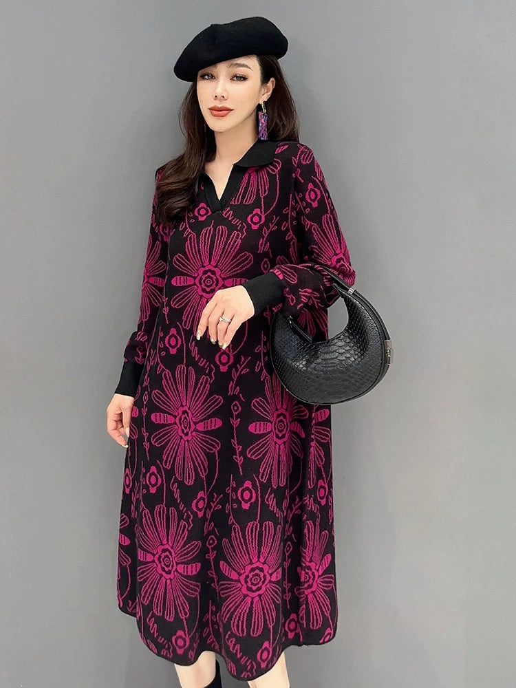 ジャカード 花柄 長袖 ミドル丈Vネック ニット ワンピース