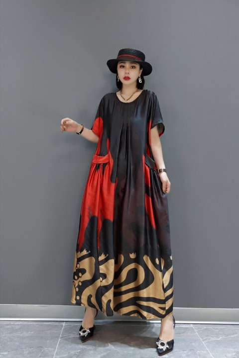 ボタニカル柄 半袖 ワンピース マキシ丈