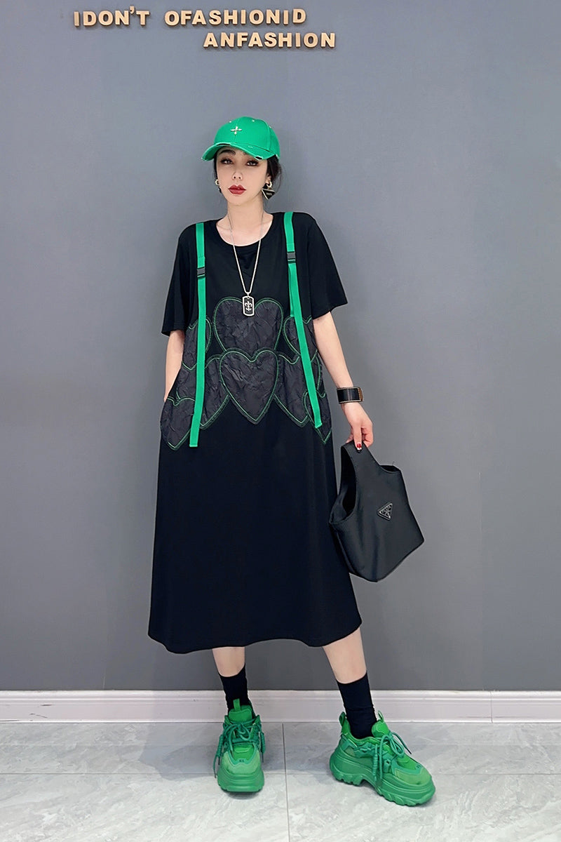 Tシャツワンピース ハート柄 ひざ丈 ベルト