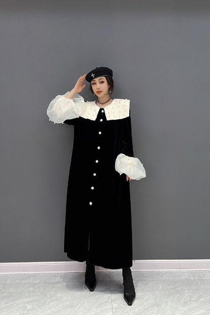 Sailor collar long dress with bijoux, chiffon cuffs