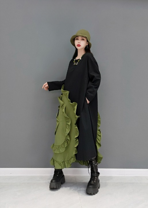 Jiang Dan Menglu Europe Station 2022 Winter New Fashion Dress Ruffle 스티칭 느슨한 캐주얼 여성 조수 lt0375