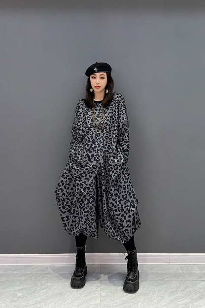 JIANG DAN MONROE EUROPEAN STATION 2022 WINTER NEW KOREAN FASHION IRREGULAR TOPS CASUAL PANTS LEOPARD TWO-PIECE SUIT LT0366