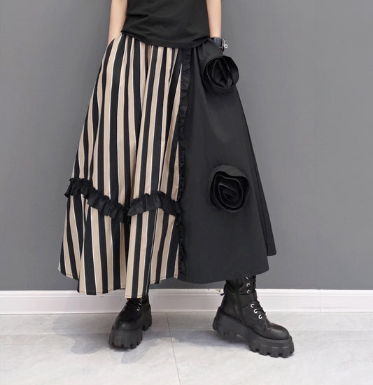 Flower Motif Stripe Long Skirt A-Line