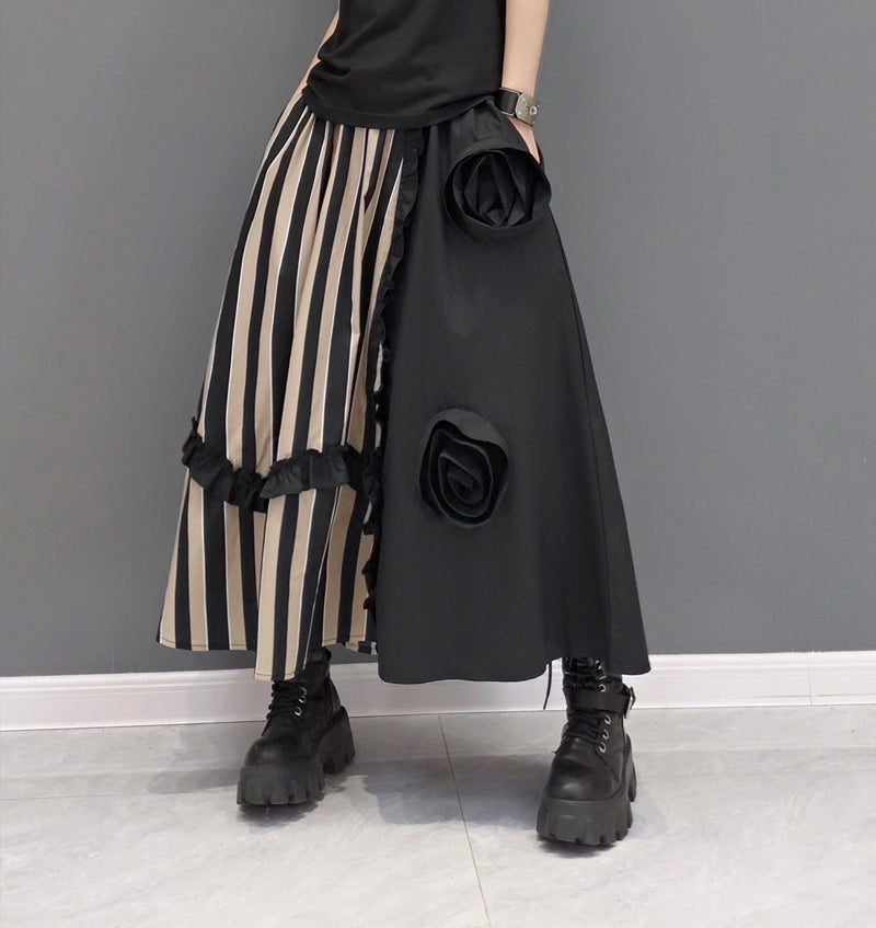 Flower Motif Stripe Long Skirt A-Line