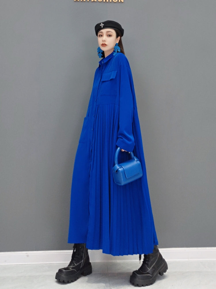 Shirt dress, pleated, asymmetrical, long length