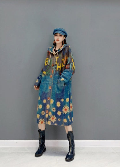 Knit cardigan dress with hood and floral pattern