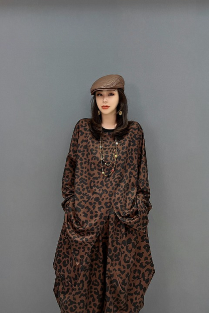 JIANG DAN MONROE EUROPEAN STATION 2022 WINTER NEW KOREAN FASHION IRREGULAR TOPS CASUAL PANTS LEOPARD TWO-PIECE SUIT LT0366