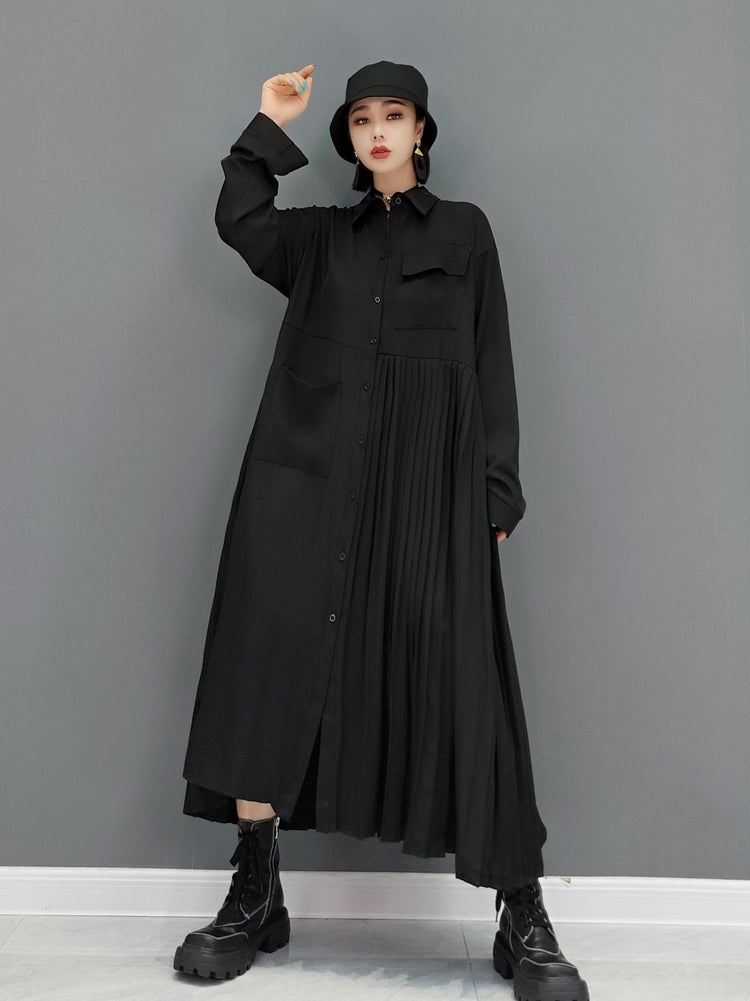 Shirt dress, pleated, asymmetrical, long length