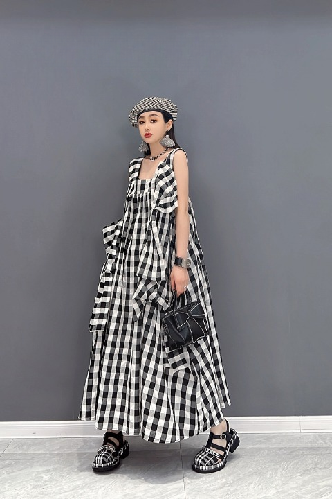 JIANG DAN MONROE EUROPEAN STATION 2022 WINTER NEW FASHION DRESS CASUAL COTTON LINEN HALTER PLAID TEMPERAMENT WOMEN LT0344