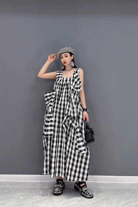 JIANG DAN MONROE EUROPEAN STATION 2022 WINTER NEW FASHION DRESS CASUAL COTTON LINEN HALTER PLAID TEMPERAMENT WOMEN LT0344