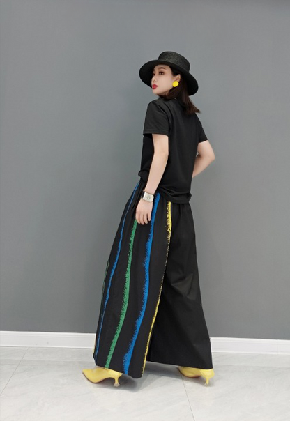 Wide Pants Asymmetrical Pattern Elastic Waistband Curved Stripes