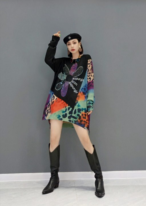 Jiang Dan Monroe European Station 2022 Winter New Wool Knit Sweater 패션 표범 인쇄 스웨터 느슨한 드레스 여성 LT0367