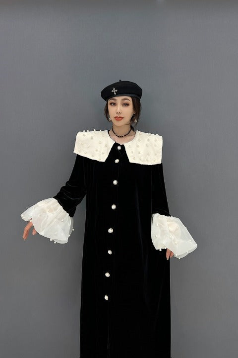 Sailor collar long dress with bijoux, chiffon cuffs