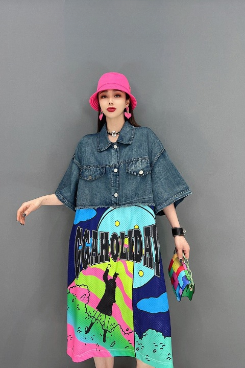 JIANG DAN MONROE EUROPEAN STATION 2022 WINTER NEW FASHION DRESS CASUAL DENIM SHIRT SPLICING PERSONALITY WOMEN LT0331