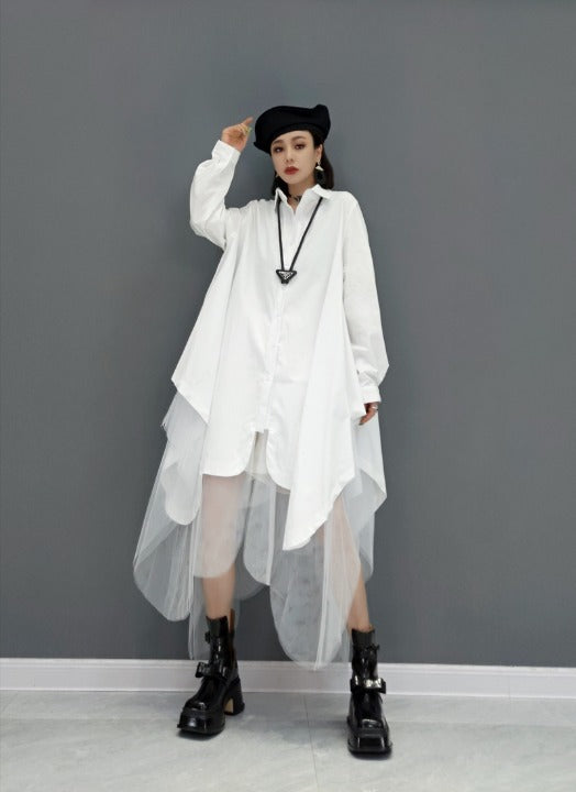 Scallap Tulle Layered Shirt One Piece