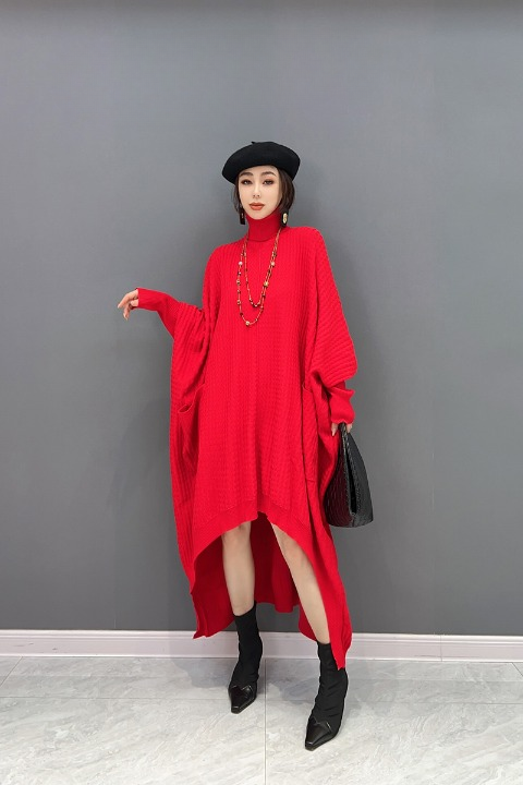 JIANG DAN MONROE EUROPEAN STATION 2022 WINTER NEW KOREAN FASHION KNITTED IRREGULAR HIGH NECK DRESS BAT SLEEVE LT0374