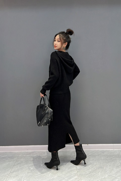 JIANG DAN MONROE EUROPEAN STATION 2022 WINTER NEW KOREAN VERSION OF FASHION KNITTED LOOSE HOODED TOPS CASUAL HALF-BODY SKIRT LT0380