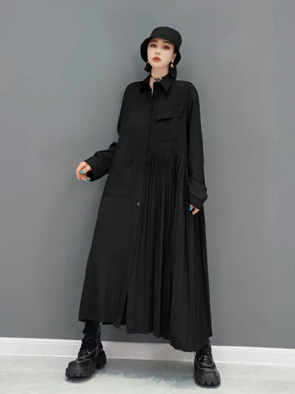 Shirt dress, pleated, asymmetrical, long length