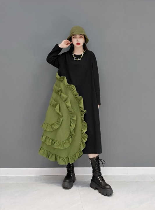 Jiang Dan Menglu Europe Station 2022 Winter New Fashion Dress Ruffle 스티칭 느슨한 캐주얼 여성 조수 lt0375