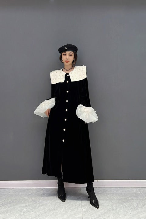 Sailor collar long dress with bijoux, chiffon cuffs