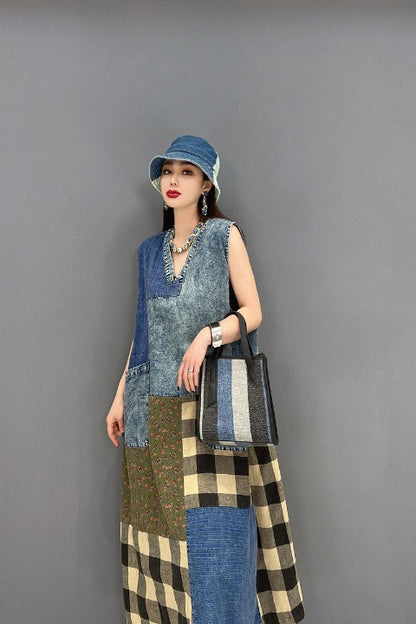 Sleeveless Dress Denim Patchwork Style