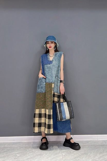 Sleeveless Dress Denim Patchwork Style