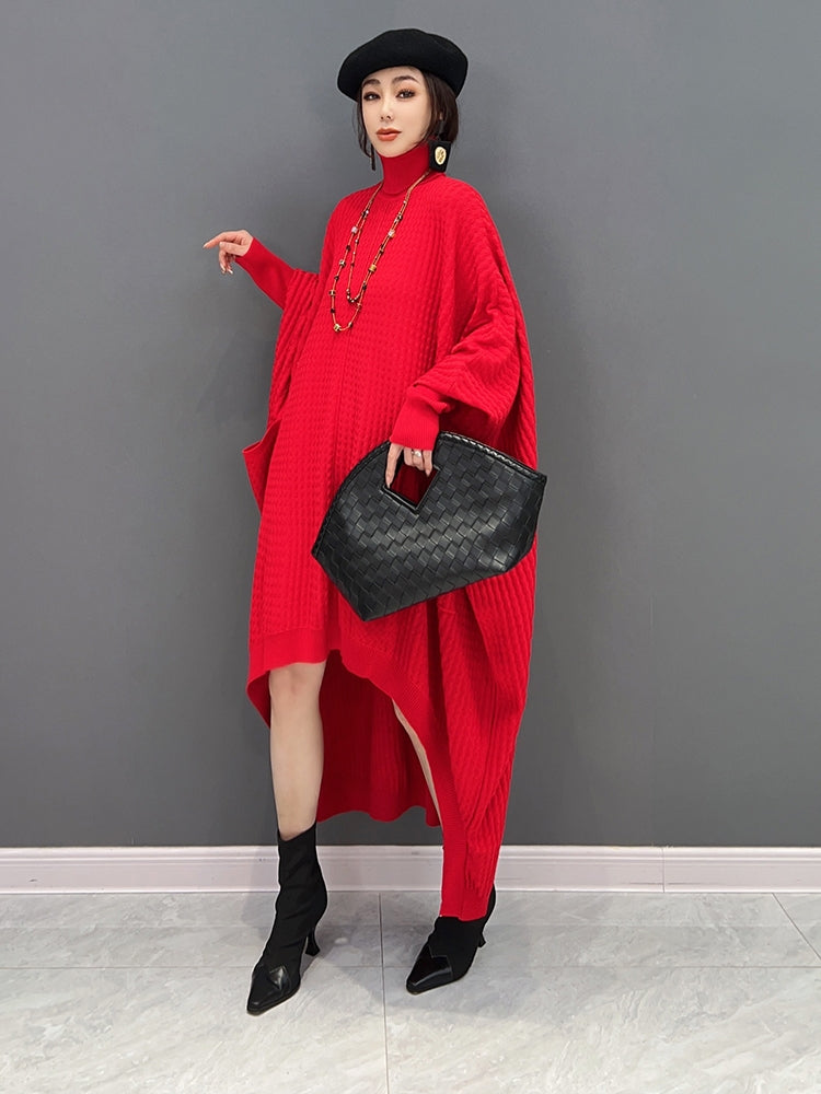 JIANG DAN MONROE EUROPEAN STATION 2022 WINTER NEW KOREAN FASHION KNITTED IRREGULAR HIGH NECK DRESS BAT SLEEVE LT0374