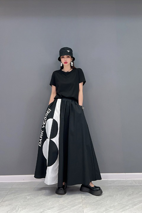 Dotted Long Skirt with Elastic Waistband A-Line