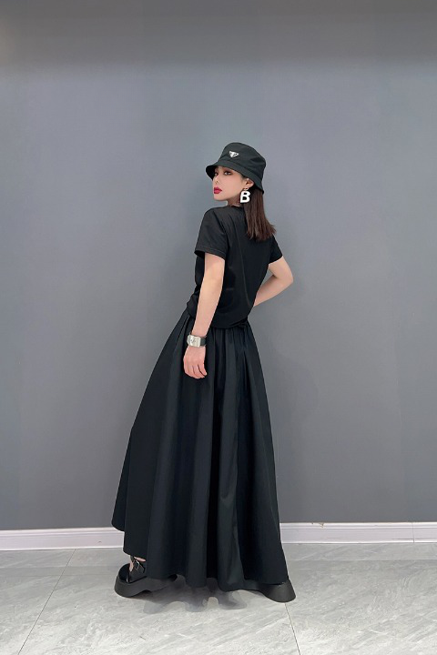 Dotted Long Skirt with Elastic Waistband A-Line