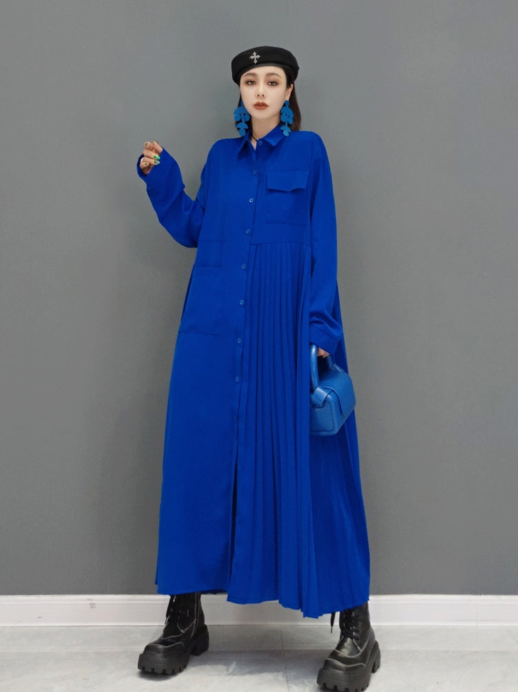 Shirt dress, pleated, asymmetrical, long length