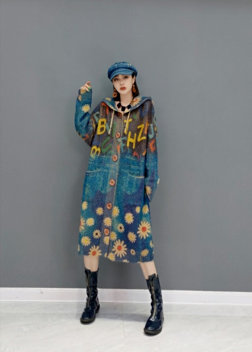 Knit cardigan dress with hood and floral pattern