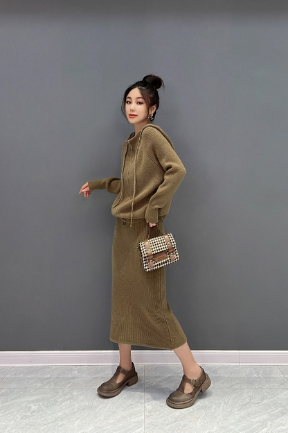 JIANG DAN MONROE EUROPEAN STATION 2022 WINTER NEW KOREAN VERSION OF FASHION KNITTED LOOSE HOODED TOPS CASUAL HALF-BODY SKIRT LT0380