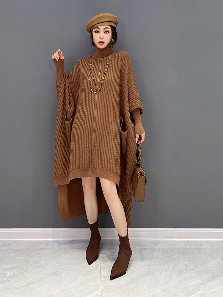 JIANG DAN MONROE EUROPEAN STATION 2022 WINTER NEW KOREAN FASHION KNITTED IRREGULAR HIGH NECK DRESS BAT SLEEVE LT0374