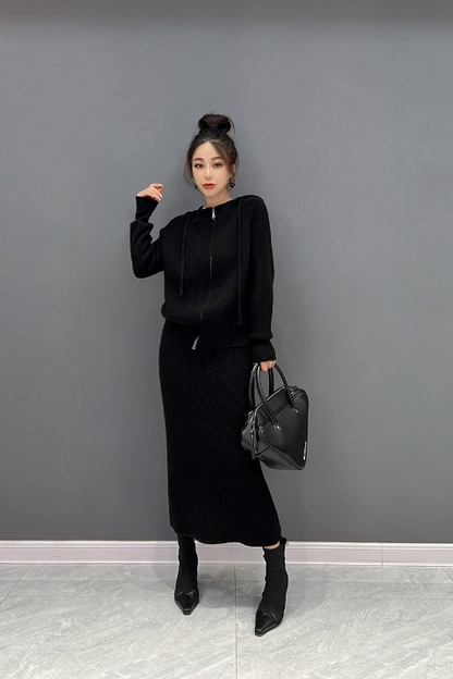 JIANG DAN MONROE EUROPEAN STATION 2022 WINTER NEW KOREAN VERSION OF FASHION KNITTED LOOSE HOODED TOPS CASUAL HALF-BODY SKIRT LT0380