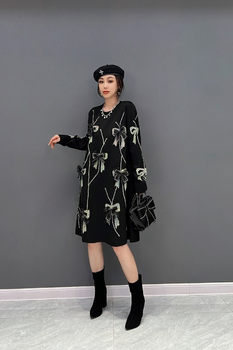 JIANG DAN MONROE EUROPEAN STATION 2022 WINTER NEW KOREAN FASHION TREND KNITTED BOW DRESS TEMPERAMENT FEMALE LT0370