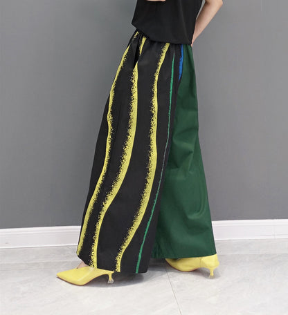 Wide Pants Asymmetrical Pattern Elastic Waistband Curved Stripes