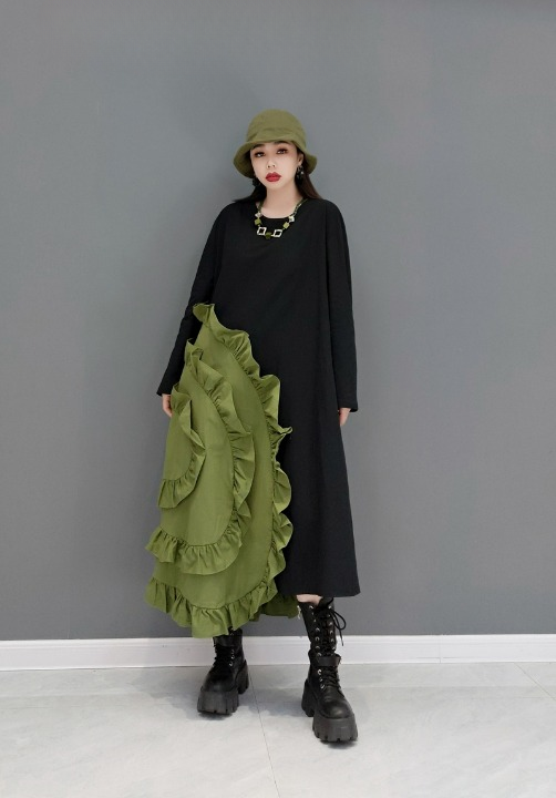 Jiang Dan Menglu Europe Station 2022 Winter New Fashion Dress Ruffle 스티칭 느슨한 캐주얼 여성 조수 lt0375