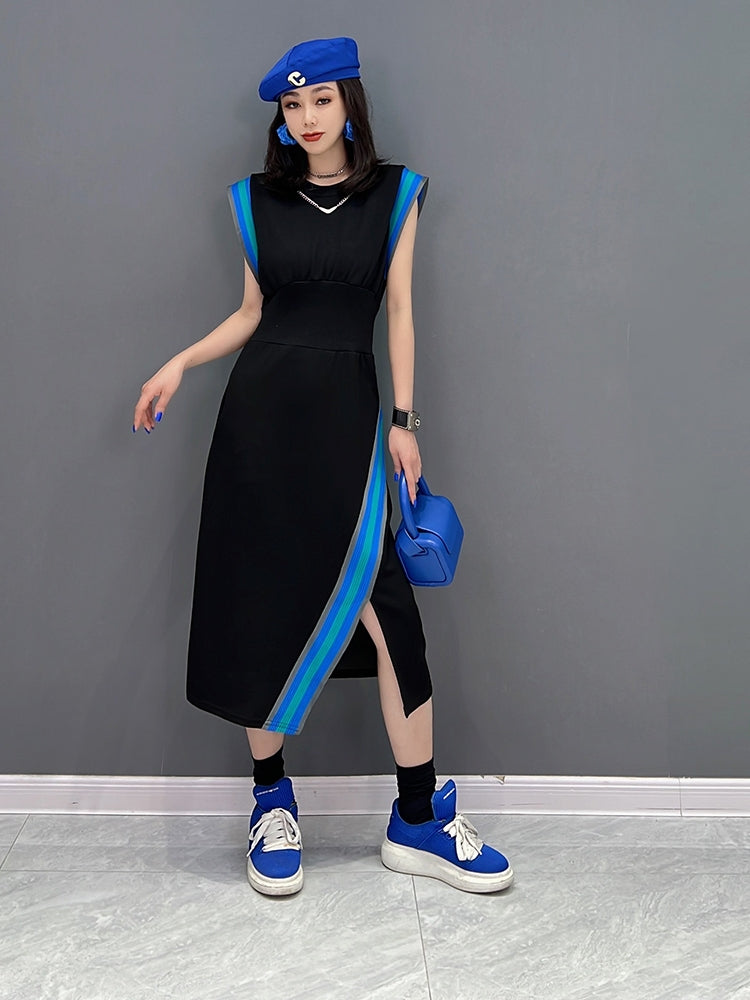 JIANG DAN MENGLU EUROPE STATION 2022 WINTER NEW KOREAN FASHION TEMPERAMENT THIN SLEEVELESS DRESS OPEN SKIRT HEM LT0356