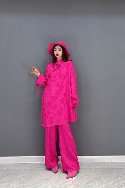 softcheese チャイナジャケット・パンツ　セットアップ　ピンク 120 チャイナ服 エスニック チャイナ ピンクチャイナセットアップ