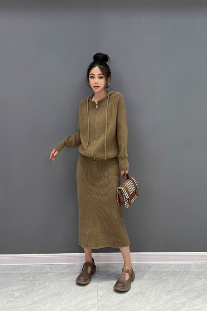 JIANG DAN MONROE EUROPEAN STATION 2022 WINTER NEW KOREAN VERSION OF FASHION KNITTED LOOSE HOODED TOPS CASUAL HALF-BODY SKIRT LT0380