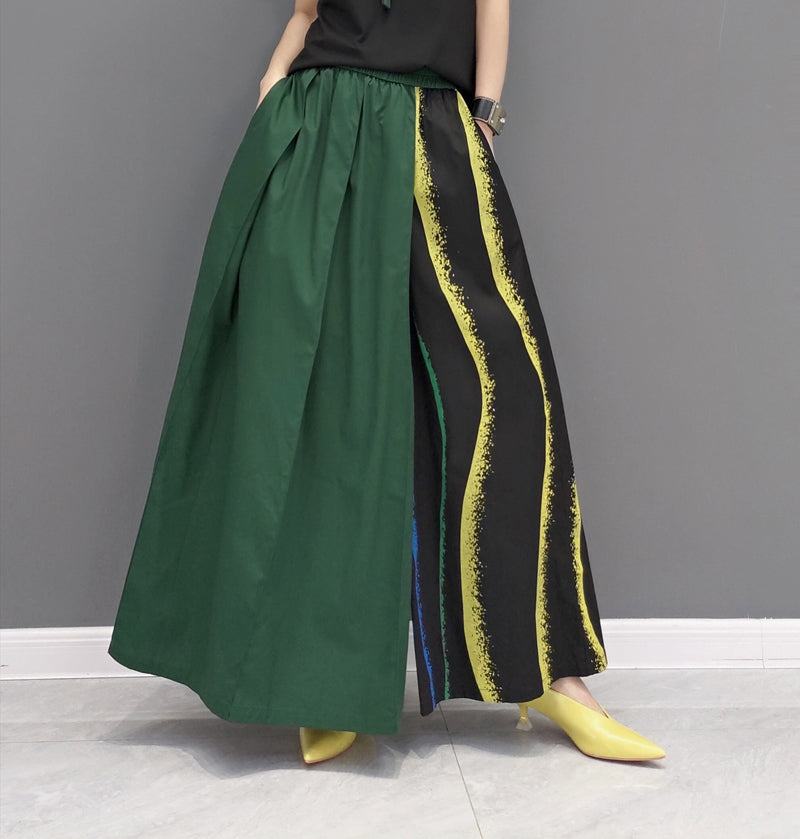 Wide Pants Asymmetrical Pattern Elastic Waistband Curved Stripes