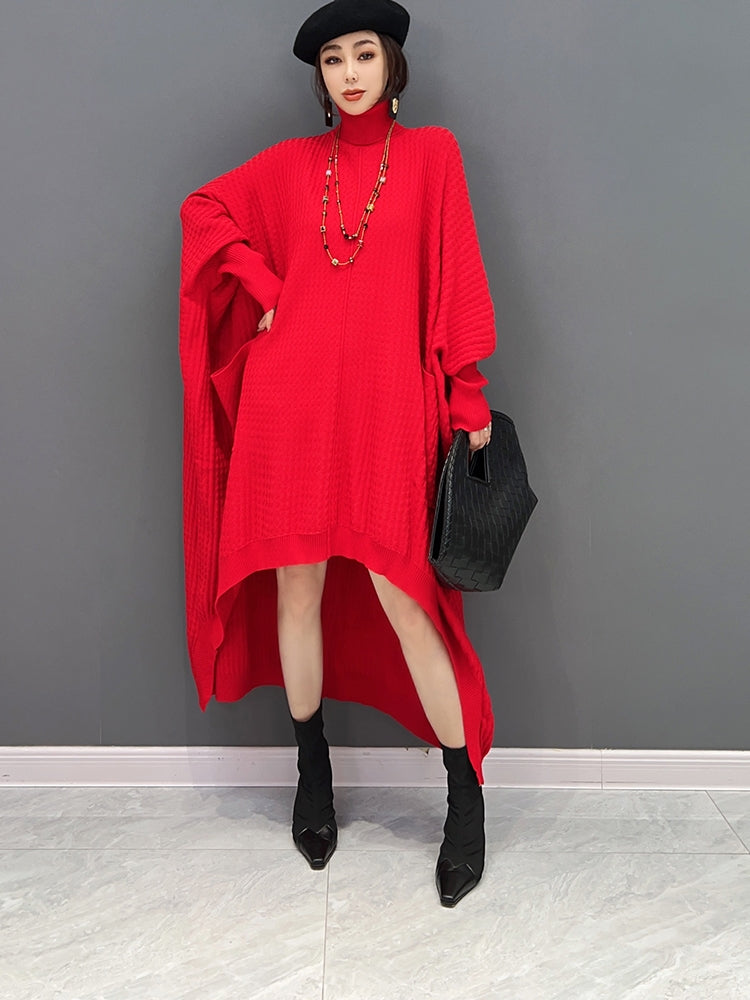 JIANG DAN MONROE EUROPEAN STATION 2022 WINTER NEW KOREAN FASHION KNITTED IRREGULAR HIGH NECK DRESS BAT SLEEVE LT0374