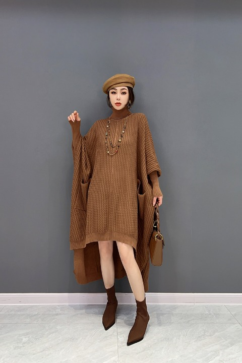 JIANG DAN MONROE EUROPEAN STATION 2022 WINTER NEW KOREAN FASHION KNITTED IRREGULAR HIGH NECK DRESS BAT SLEEVE LT0374