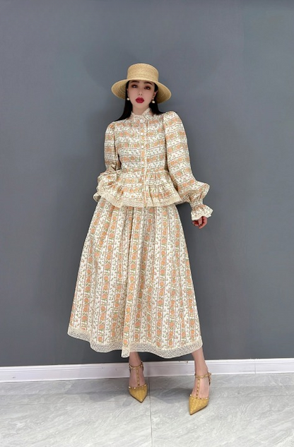 JIANG DAN MENGLU EUROPE STATION 2022 WINTER NEW FASHION SUIT TEMPERAMENT FLORAL SHIRT CASUAL HALF-BODY SKIRT TWO PIECES LT0360