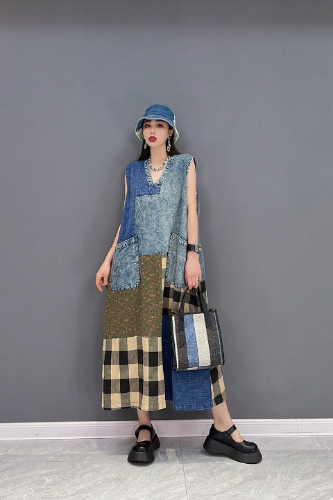 Sleeveless Dress Denim Patchwork Style