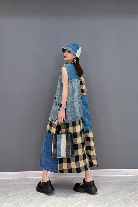 Sleeveless Dress Denim Patchwork Style