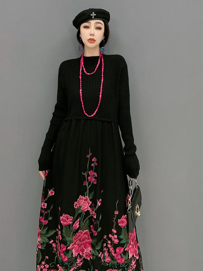 Floral Knit Dress Lace Splicing